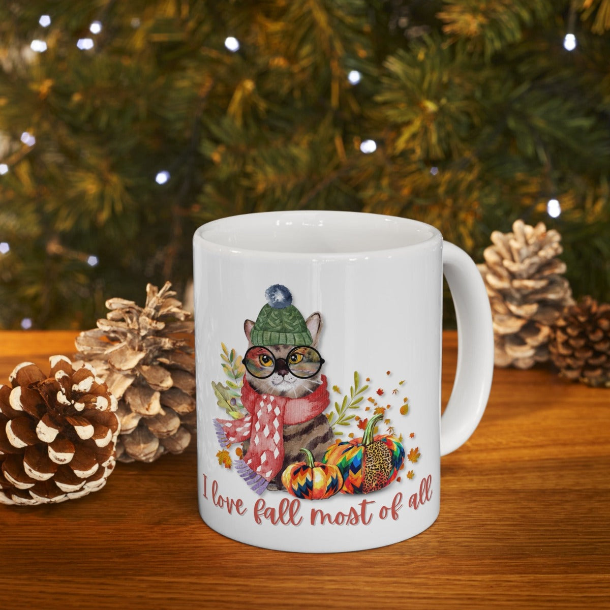 Printify Mug 11oz Fall Cat White 11oz Ceramic Mug Coffee Mug, I love Fall, Pumpkin Spice, Gift for Her 25565377231958825658